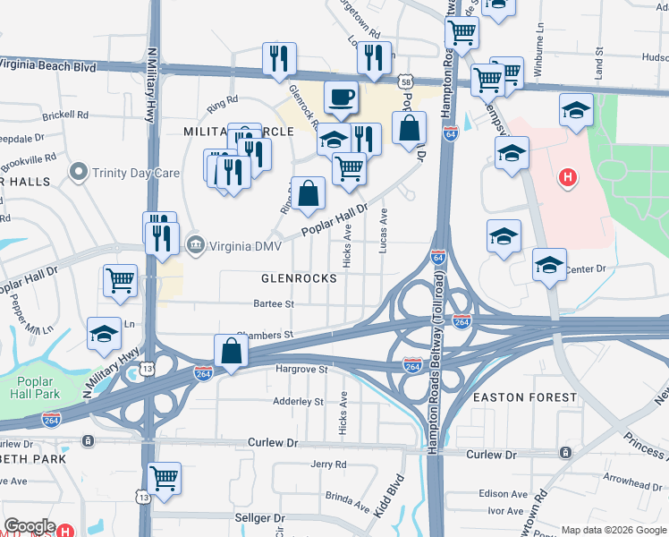 map of restaurants, bars, coffee shops, grocery stores, and more near 420 Honaker Avenue in Norfolk