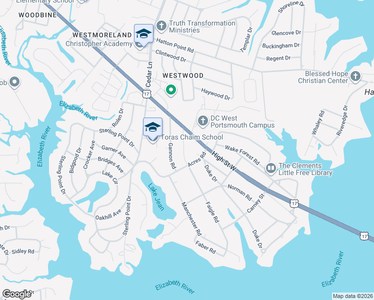 map of restaurants, bars, coffee shops, grocery stores, and more near 3000 Acres Road in Portsmouth