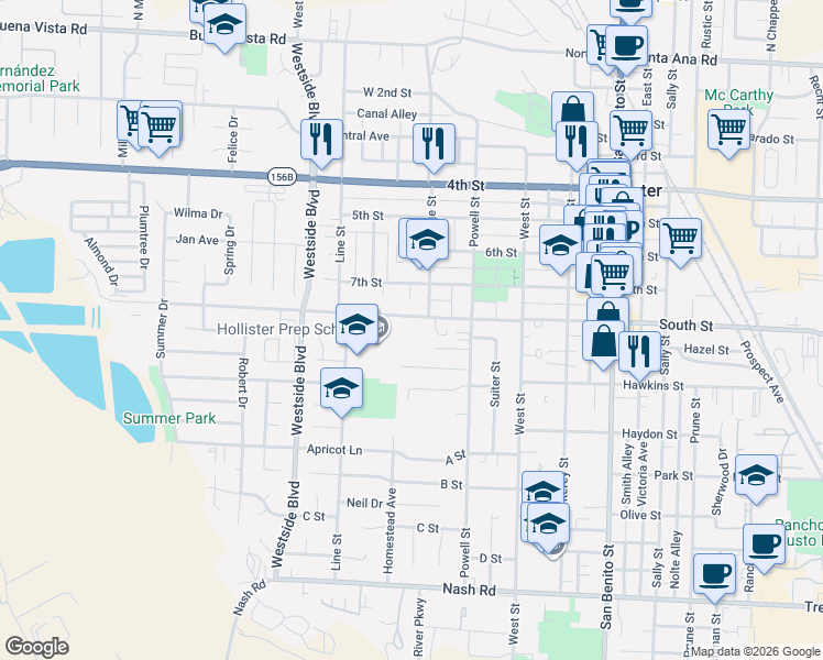 map of restaurants, bars, coffee shops, grocery stores, and more near 730 Walnut Lane in Hollister