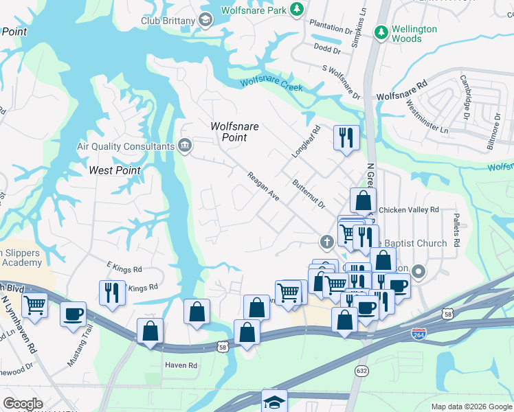 map of restaurants, bars, coffee shops, grocery stores, and more near 425 Wayman Lane in Virginia Beach