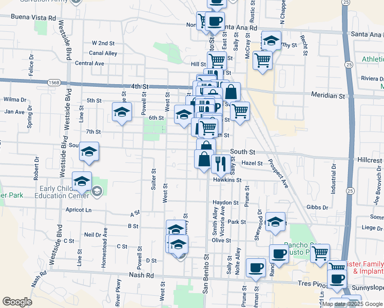 map of restaurants, bars, coffee shops, grocery stores, and more near 375 South Street in Hollister