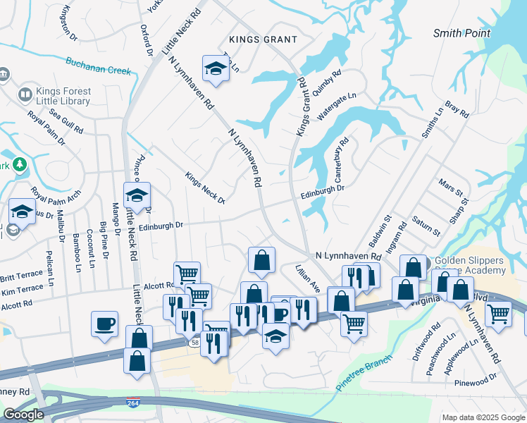 map of restaurants, bars, coffee shops, grocery stores, and more near 491 North Lynnhaven Road in Virginia Beach