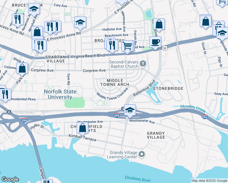 map of restaurants, bars, coffee shops, grocery stores, and more near 2809 Colchester Crescent in Norfolk