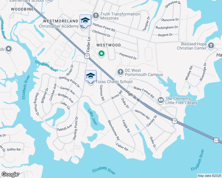 map of restaurants, bars, coffee shops, grocery stores, and more near 3000 Acres Road in Portsmouth
