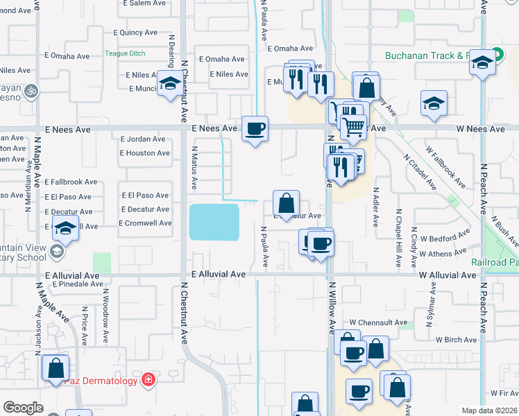 map of restaurants, bars, coffee shops, grocery stores, and more near 7694 North Paula Avenue in Fresno