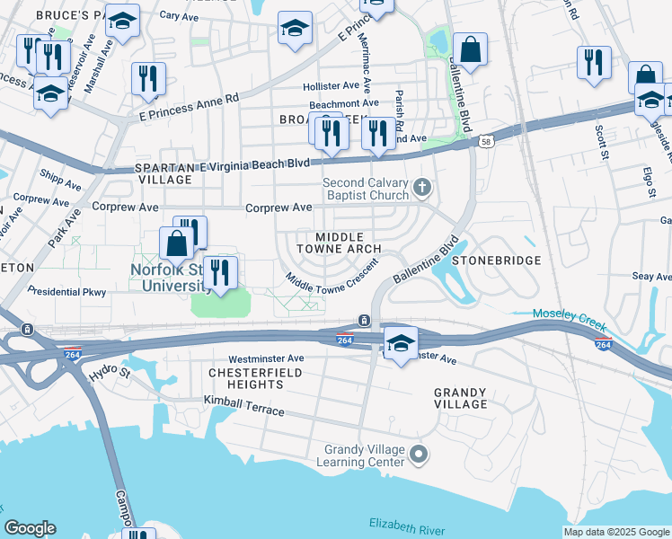 map of restaurants, bars, coffee shops, grocery stores, and more near 2809 Colchester Crescent in Norfolk