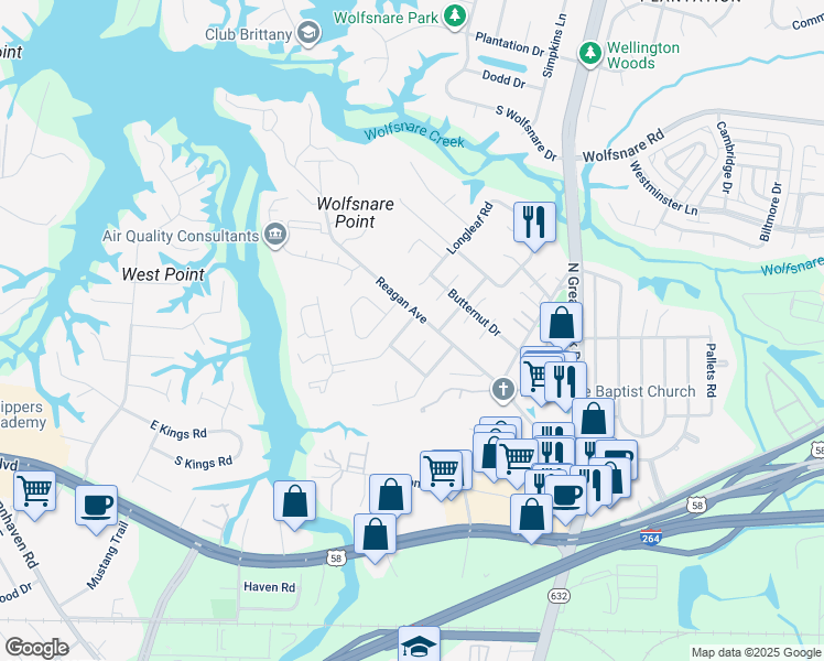 map of restaurants, bars, coffee shops, grocery stores, and more near 464 Wayman Lane in Virginia Beach