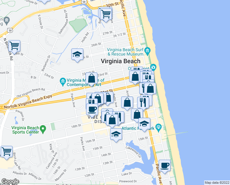 map of restaurants, bars, coffee shops, grocery stores, and more near 2013 Baltic Avenue in Virginia Beach