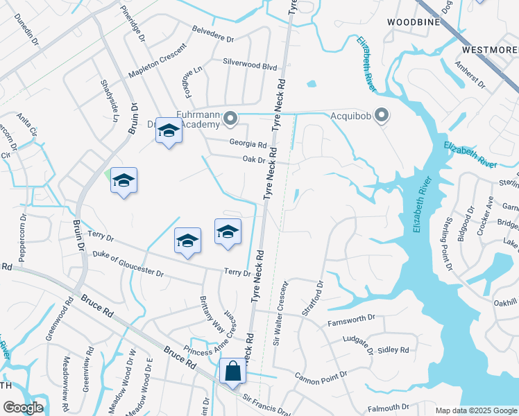 map of restaurants, bars, coffee shops, grocery stores, and more near 4001 Grant Court in Chesapeake