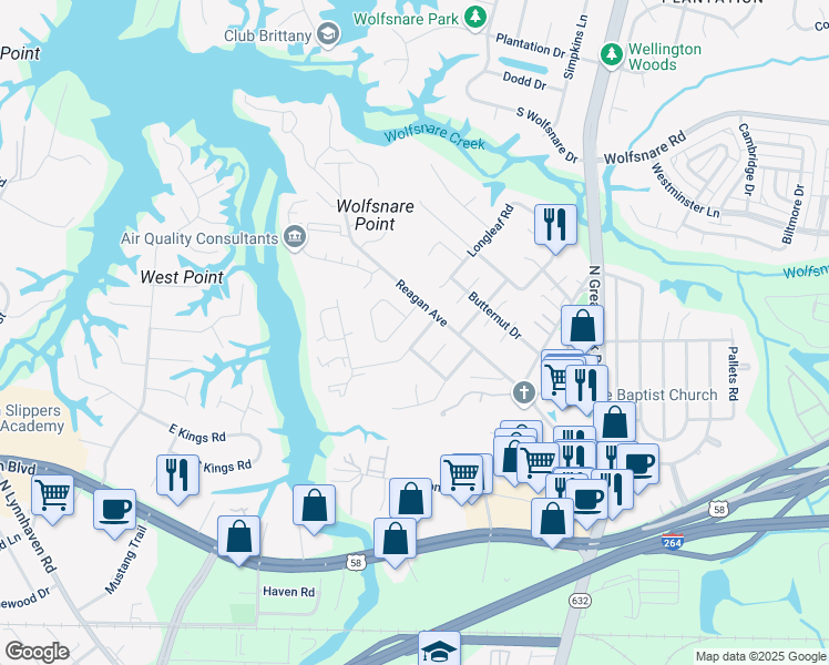 map of restaurants, bars, coffee shops, grocery stores, and more near 453 Wayman Lane in Virginia Beach