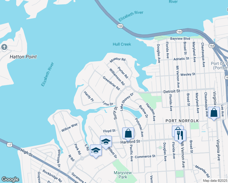 map of restaurants, bars, coffee shops, grocery stores, and more near 1 Albemarle Street in Portsmouth