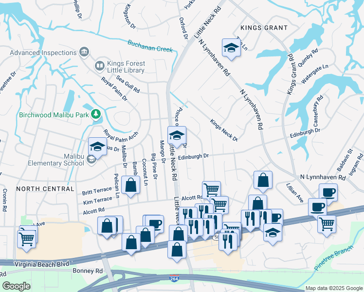 map of restaurants, bars, coffee shops, grocery stores, and more near 28616 Prince of Wales Drive in Virginia Beach
