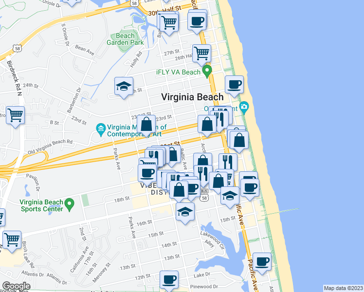 map of restaurants, bars, coffee shops, grocery stores, and more near 462 21st Street in Virginia Beach