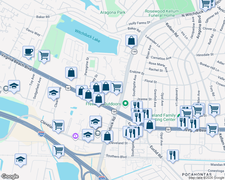 map of restaurants, bars, coffee shops, grocery stores, and more near 5112 Virginia Beach Boulevard in Virginia Beach