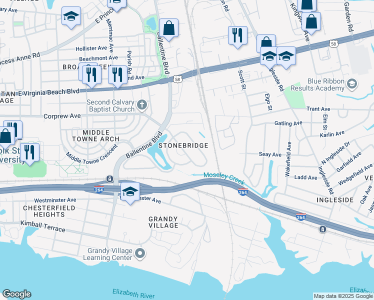 map of restaurants, bars, coffee shops, grocery stores, and more near 3132 South Stonebridge Drive in Norfolk