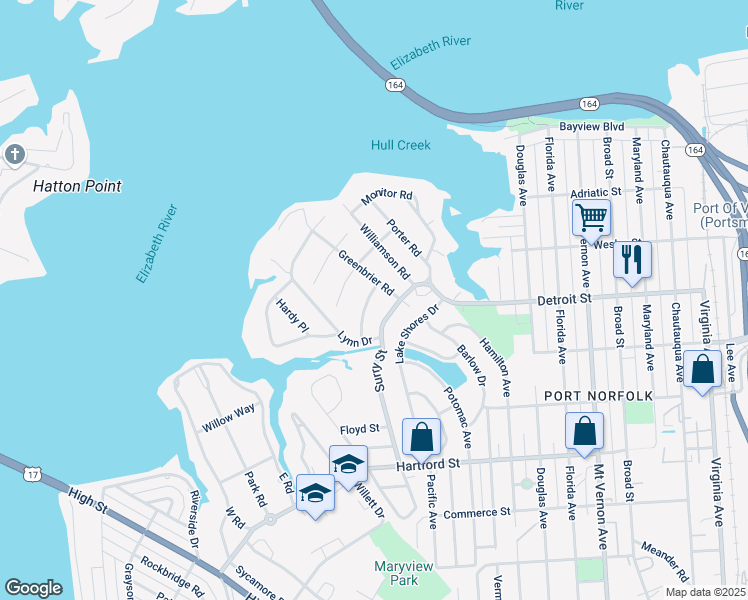 map of restaurants, bars, coffee shops, grocery stores, and more near 1 Albemarle Street in Portsmouth