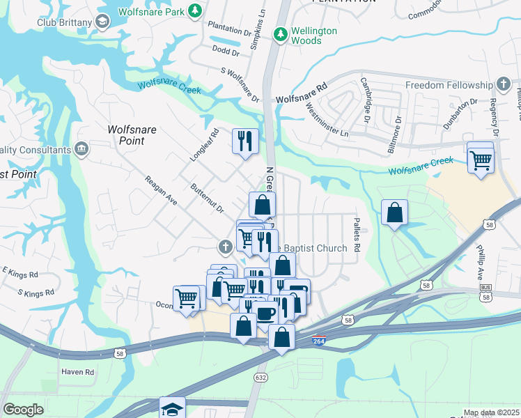 map of restaurants, bars, coffee shops, grocery stores, and more near 2305 Cornick Drive in Virginia Beach