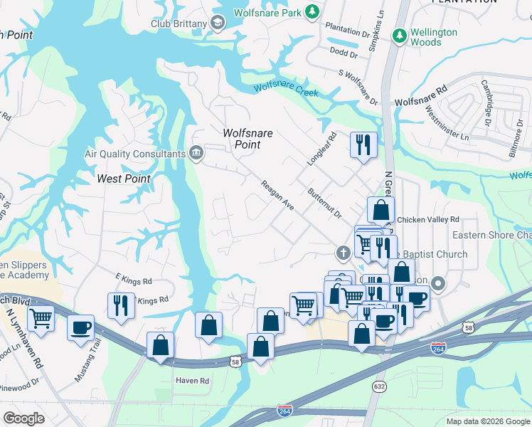 map of restaurants, bars, coffee shops, grocery stores, and more near 425 Wayman Lane in Virginia Beach