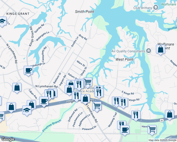map of restaurants, bars, coffee shops, grocery stores, and more near 480 Sharp Street in Virginia Beach