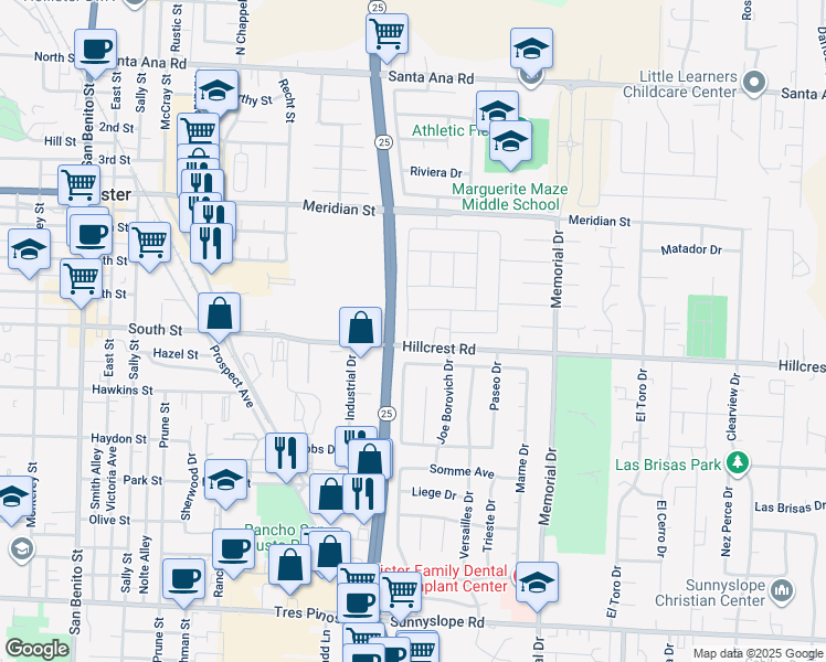 map of restaurants, bars, coffee shops, grocery stores, and more near 755 Alicante Drive in Hollister