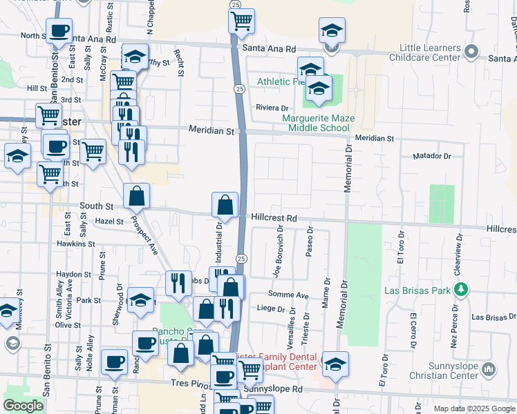map of restaurants, bars, coffee shops, grocery stores, and more near 755 Alicante Drive in Hollister