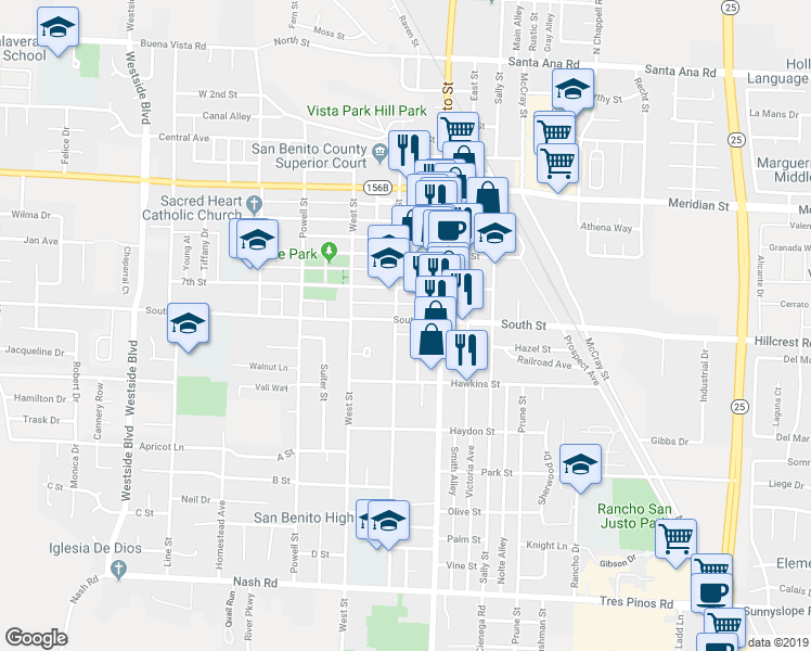 map of restaurants, bars, coffee shops, grocery stores, and more near 375 South Street in Hollister