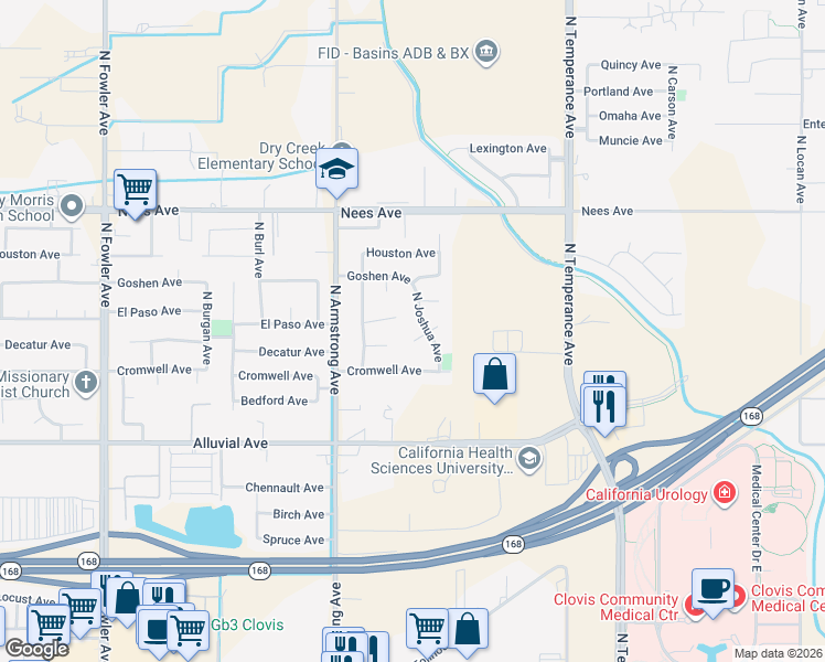 map of restaurants, bars, coffee shops, grocery stores, and more near 956 North Joshua Avenue in Clovis