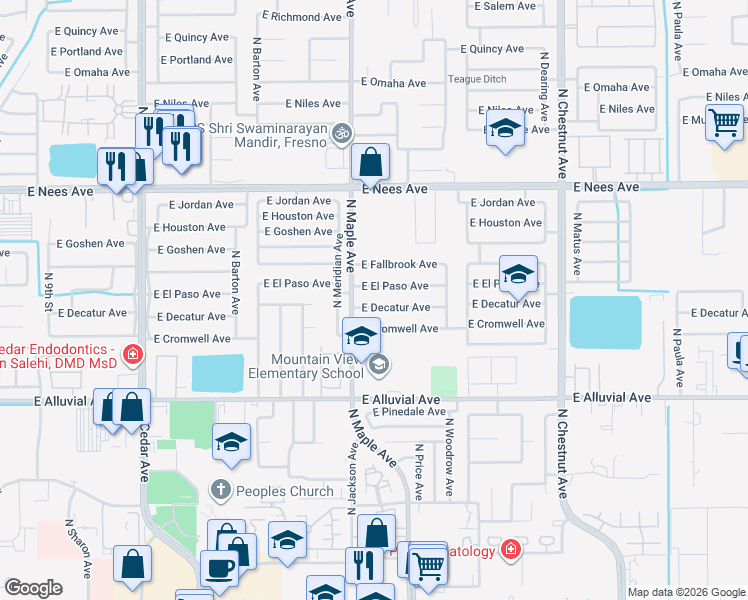 map of restaurants, bars, coffee shops, grocery stores, and more near 2062 East Cromwell Avenue in Fresno