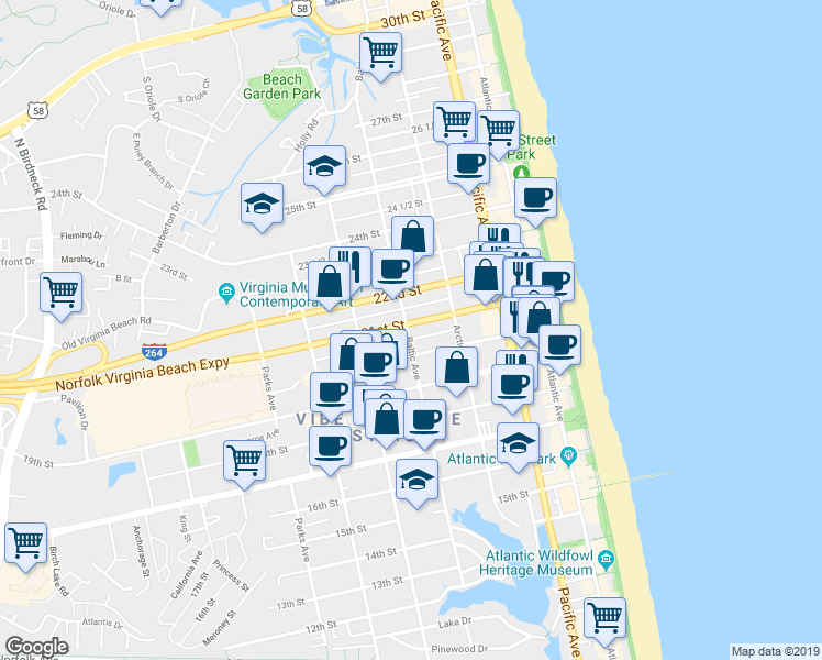 map of restaurants, bars, coffee shops, grocery stores, and more near 418 20th Street in Virginia Beach