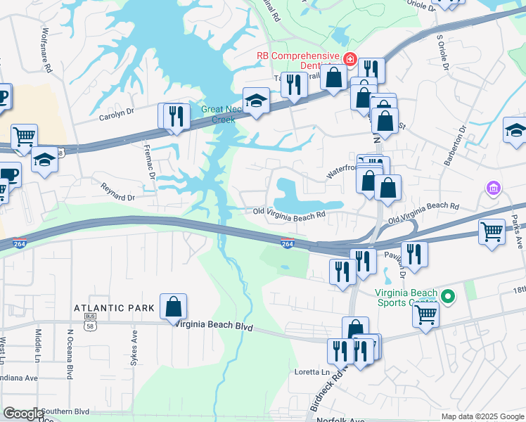 map of restaurants, bars, coffee shops, grocery stores, and more near 1245 Old Virginia Beach Road in Virginia Beach
