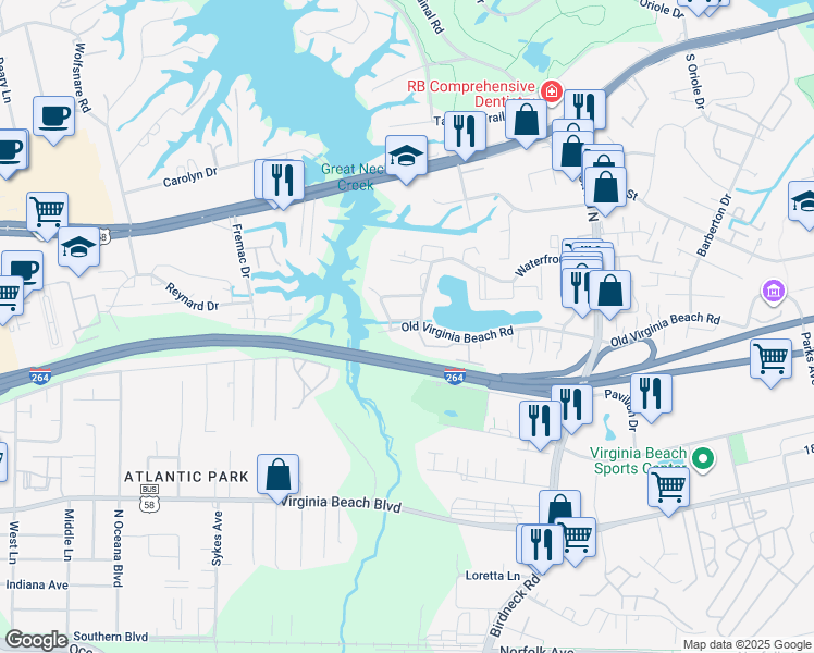 map of restaurants, bars, coffee shops, grocery stores, and more near 1245 Old Virginia Beach Road in Virginia Beach