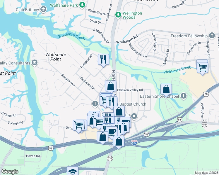 map of restaurants, bars, coffee shops, grocery stores, and more near 2305 Cornick Drive in Virginia Beach