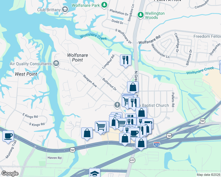 map of restaurants, bars, coffee shops, grocery stores, and more near 400 Big Leaf Circle in Virginia Beach