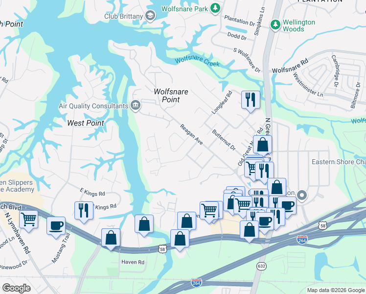 map of restaurants, bars, coffee shops, grocery stores, and more near 425 Wayman Lane in Virginia Beach