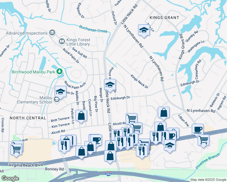 map of restaurants, bars, coffee shops, grocery stores, and more near 28616 Prince of Wales Drive in Virginia Beach