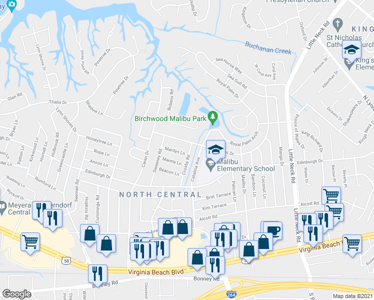 map of restaurants, bars, coffee shops, grocery stores, and more near 3700 Mantle Lane in Virginia Beach
