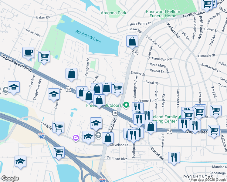 map of restaurants, bars, coffee shops, grocery stores, and more near 5112 Virginia Beach Boulevard in Virginia Beach