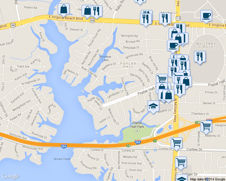 map of restaurants, bars, coffee shops, grocery stores, and more near 5427 Sandpiper Lane in Norfolk