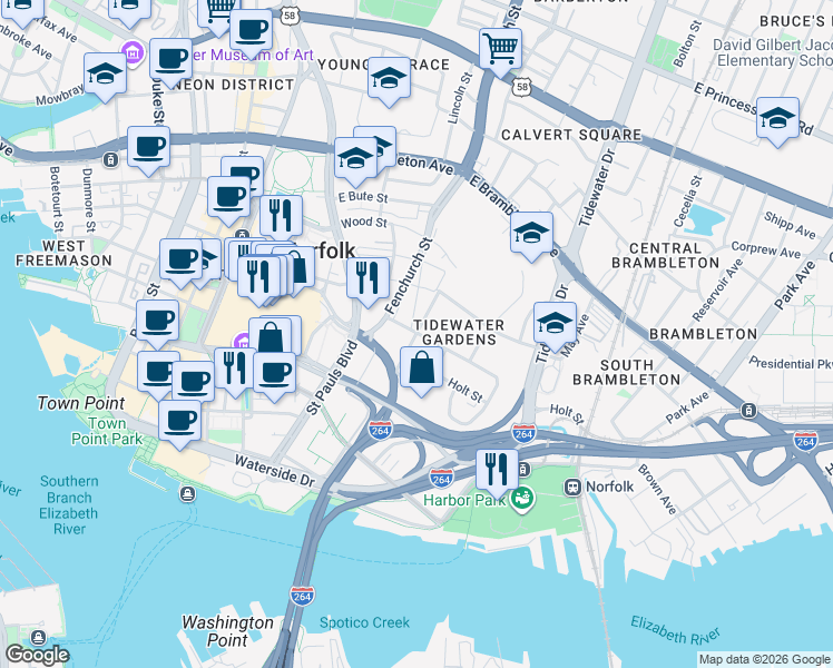 map of restaurants, bars, coffee shops, grocery stores, and more near 921 Holt Street in Norfolk