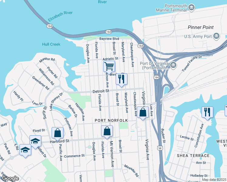 map of restaurants, bars, coffee shops, grocery stores, and more near 425 Mount Vernon Avenue in Portsmouth