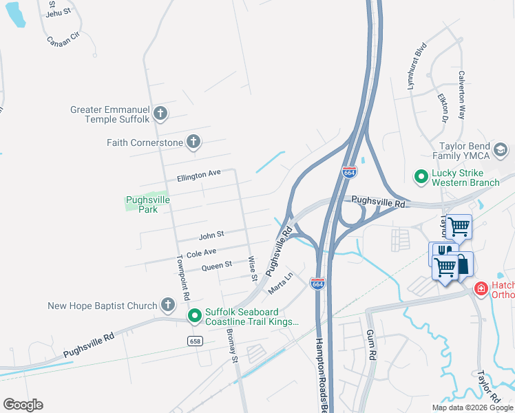 map of restaurants, bars, coffee shops, grocery stores, and more near 5036 John Street in Chesapeake