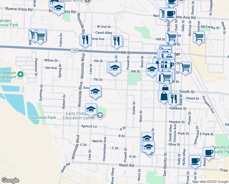 map of restaurants, bars, coffee shops, grocery stores, and more near 711 South Street in Hollister