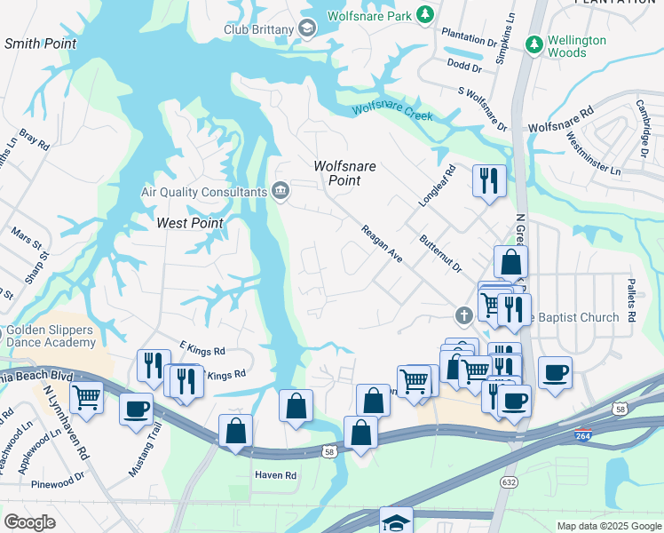 map of restaurants, bars, coffee shops, grocery stores, and more near 2502 Back Acres Road in Virginia Beach