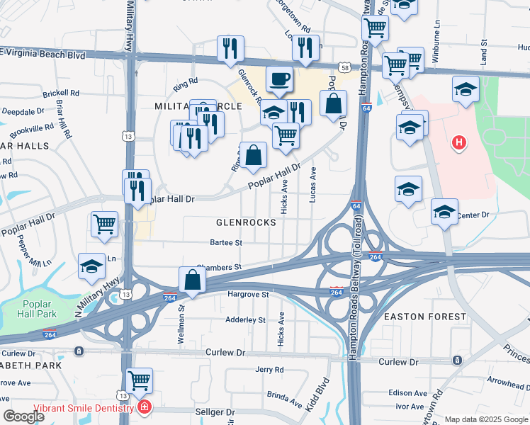 map of restaurants, bars, coffee shops, grocery stores, and more near 443 Honaker Avenue in Norfolk