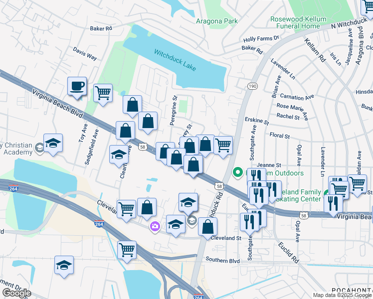map of restaurants, bars, coffee shops, grocery stores, and more near 237 Harrier Street in Virginia Beach