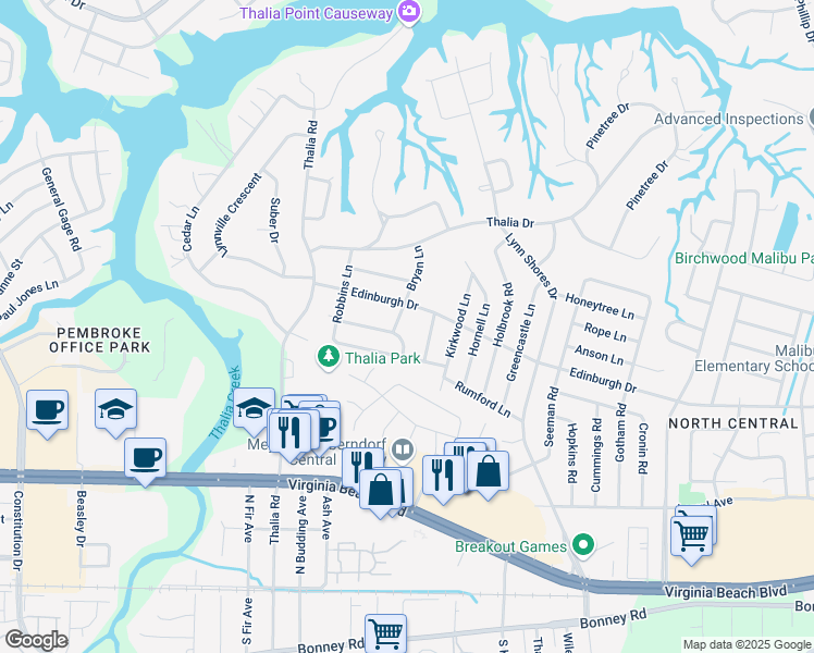 map of restaurants, bars, coffee shops, grocery stores, and more near 4100 Duncannon Lane in Virginia Beach