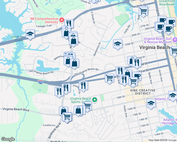 map of restaurants, bars, coffee shops, grocery stores, and more near 404 Trooper Court in Virginia Beach
