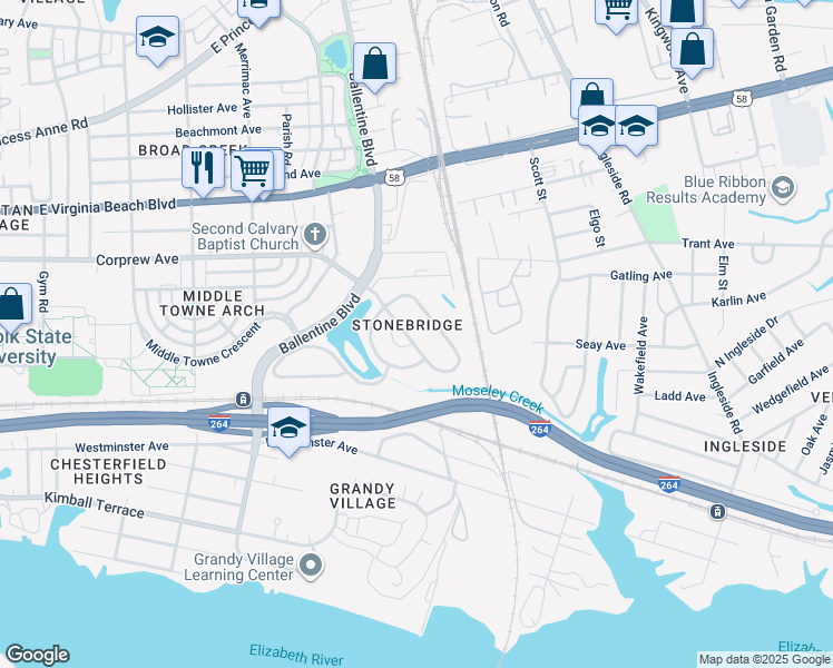 map of restaurants, bars, coffee shops, grocery stores, and more near 3132 South Stonebridge Drive in Norfolk