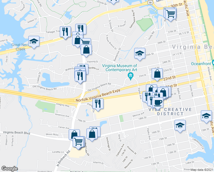 map of restaurants, bars, coffee shops, grocery stores, and more near 447 Barberton Drive in Virginia Beach