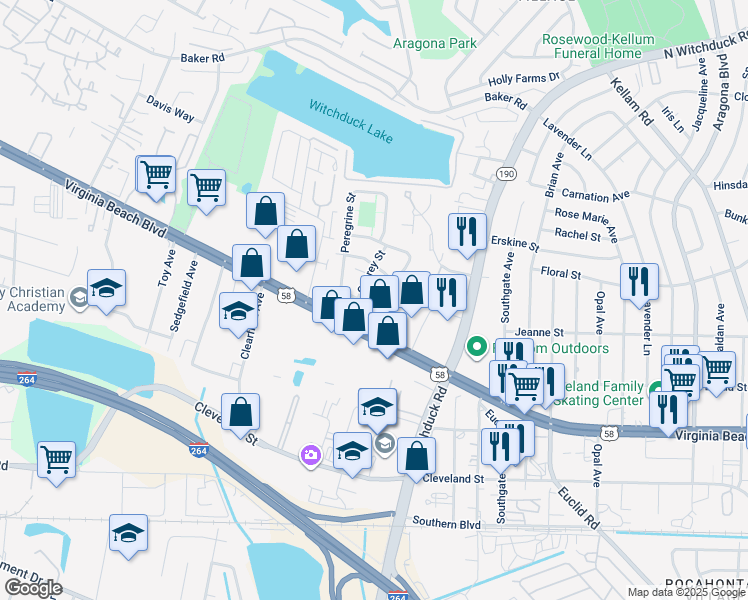 map of restaurants, bars, coffee shops, grocery stores, and more near 237 Harrier Street in Virginia Beach